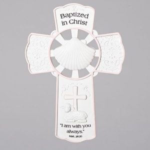 42699 7.75"h baptism girl wall cross pink/white