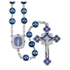 9516DB Natural Hematite Stone Rosary with Blue Epoxied Centerpiece and Blue Epoxied Crucifix