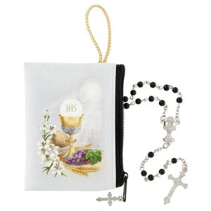 P1319 Black First Communion Rosary with Case