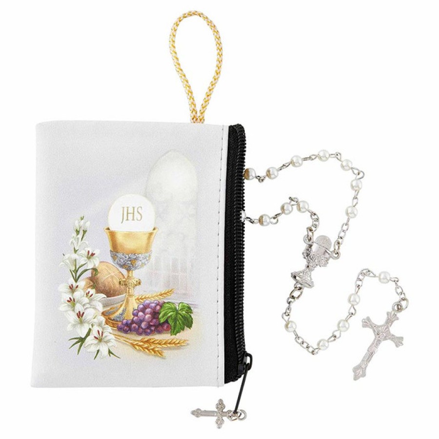 P1320 White First Communion Rosary with Case