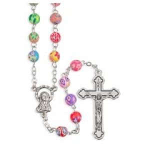 1702-6 6mm Multicolored Round Floral Bead Rosary
