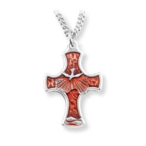 680BX 1 3/4" Silver Oxidized Holy Spirit Confirmation Cross with Red Epoxy on an 18" Chain