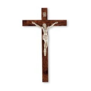 2013-10 10" Burl Wood Crucifix with Metal Antiqued Silver Corpus