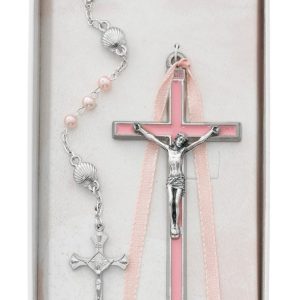 bs53 PINK CRUCIFIX & SHELL ROSARY