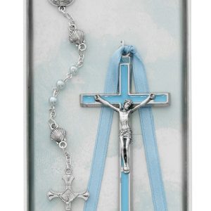 bs54 BLUE CRUCIFIX & SHELL ROSARY