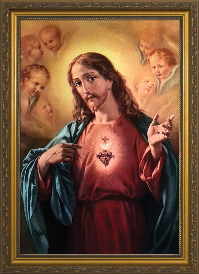 NW-520B1 Sacred Heart of Jesus Surrounded by Angels Framed Art