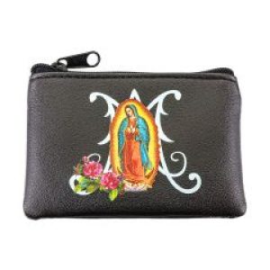 1647-B216 3 1/4" x 2 1/2" Our Lady of Guadalupe Black Leatherette Rosary Pouch