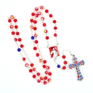 250ANV-RED 6mm Red Rosary with Blue and Crystal Accents and Epoxy Center and Enameled Crucifix