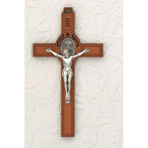 175-12-1064 Saint Benedict Wood Wall Cross - Silver Tone Medal