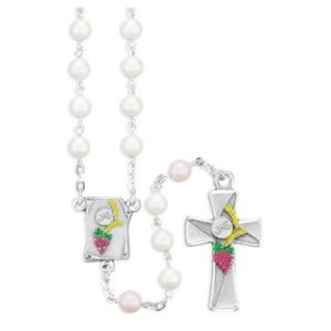 80008wp 6mm Pearlized White Glass Beads with Pink Our Father Beads Rosary