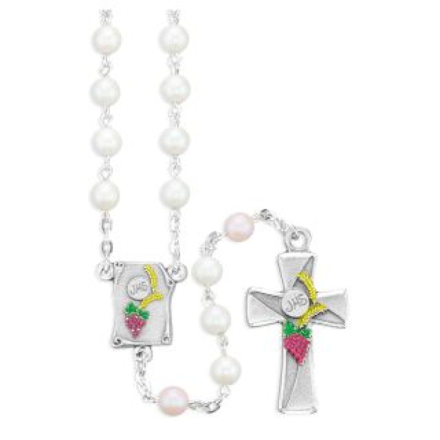 80008wp 6mm Pearlized White Glass Beads with Pink Our Father Beads Rosary