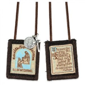 1512-309BEN 1 1/2" x 2" Our Lady of Mount Carmel Genuine Brown Wool Scapular with St. Benedict Medal and Crucifix