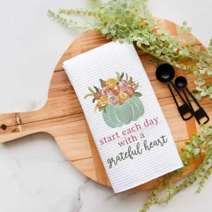 Grateful Heart Kitchen Towel, Floral Dish Towel, Fall Decor